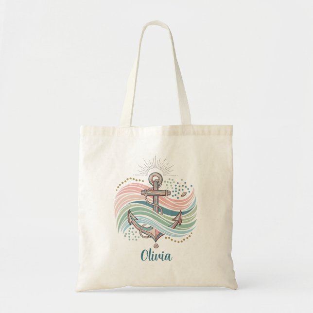 Nautical Boho Pastel Anchor and Waves Tote Bag (Front)