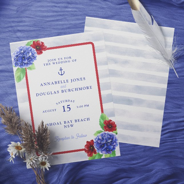 Nautical Boho White Red Floral Watercolor Wedding  Invitation (Mockup of front and back of invitation)