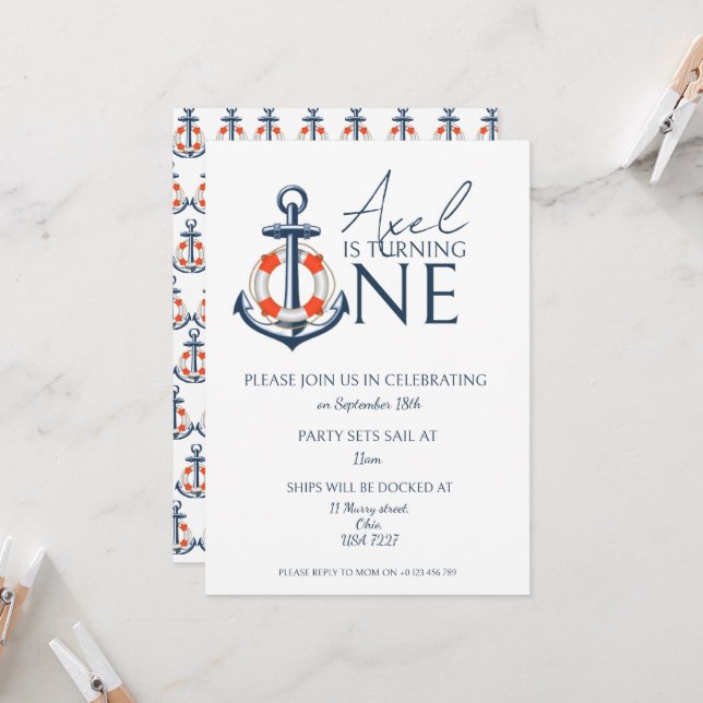 Nautical Boy Anchor Birthday Party Invitation (Front/Back In Situ)
