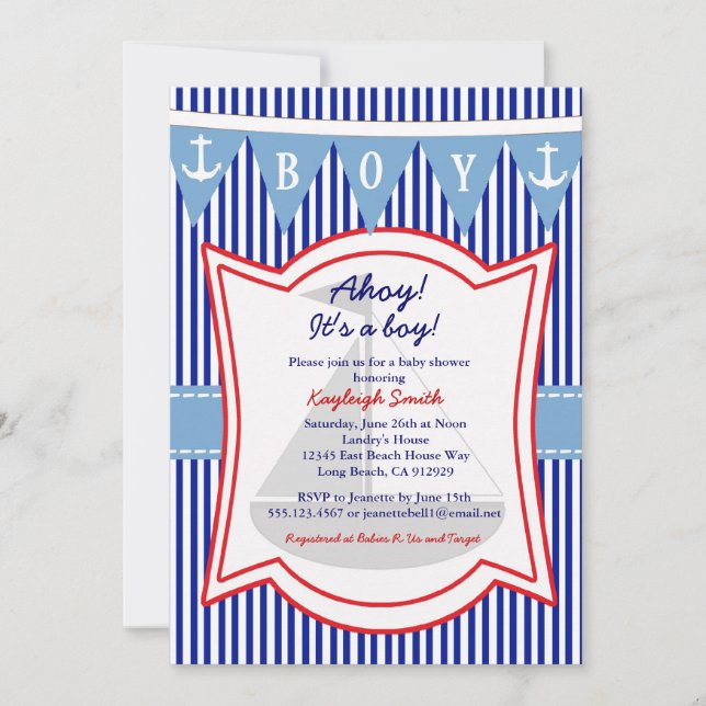 Nautical Boy Baby Shower Invitation sailing Anchor (Front)