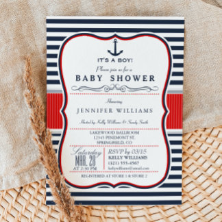 Nautical Boy Baby Shower Invite; Navy and Red Invitation