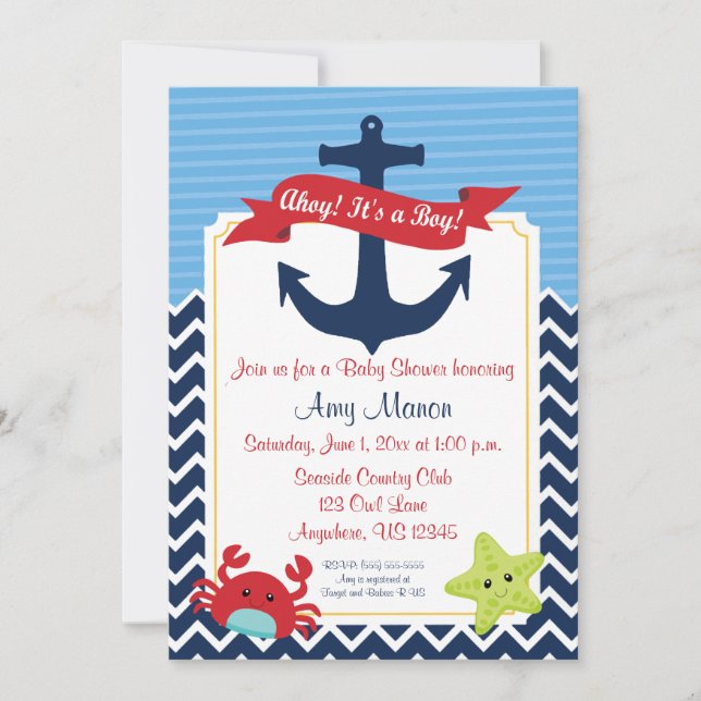 Nautical Boy Baby Shower Personalised Invitation (Front)