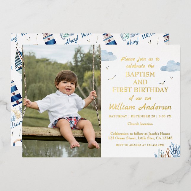 Nautical Boy Baptism and 1st Birthday Photo (Front/Back)