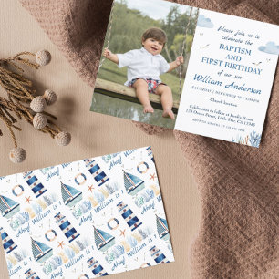 Nautical Boy Baptism and 1st Birthday Photo  Invitation