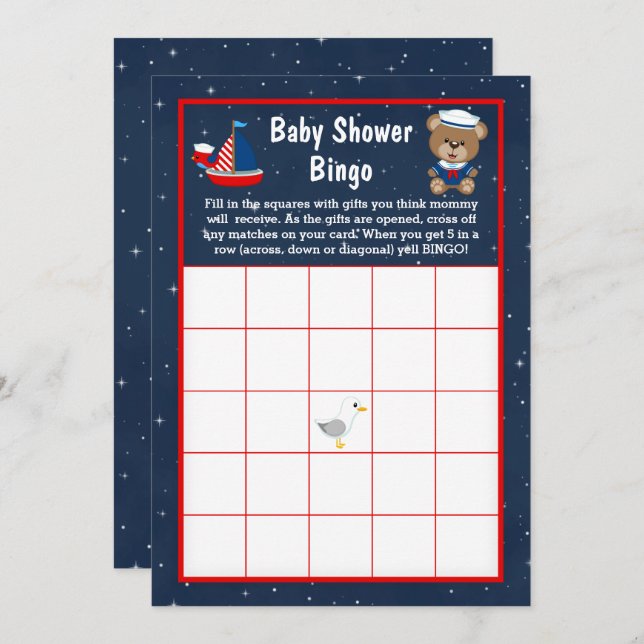 Nautical Boy Bear Red and Navy Baby Bingo Invitation (Front/Back)