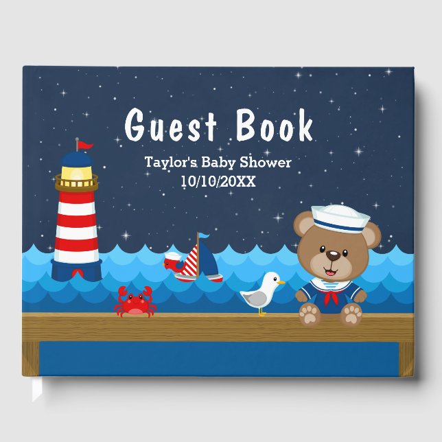 Nautical Boy Bear Red and Navy Baby Shower Guest Book (Front)