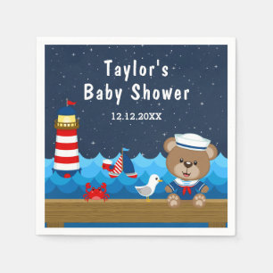 Nautical Boy Bear Red and Navy Baby Shower Napkin