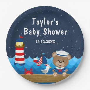 Nautical Boy Bear Red and Navy Baby Shower Paper Plate