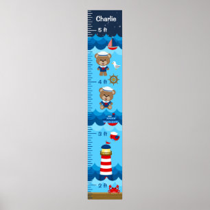 Nautical Boy Bear Red and Navy Growth Chart