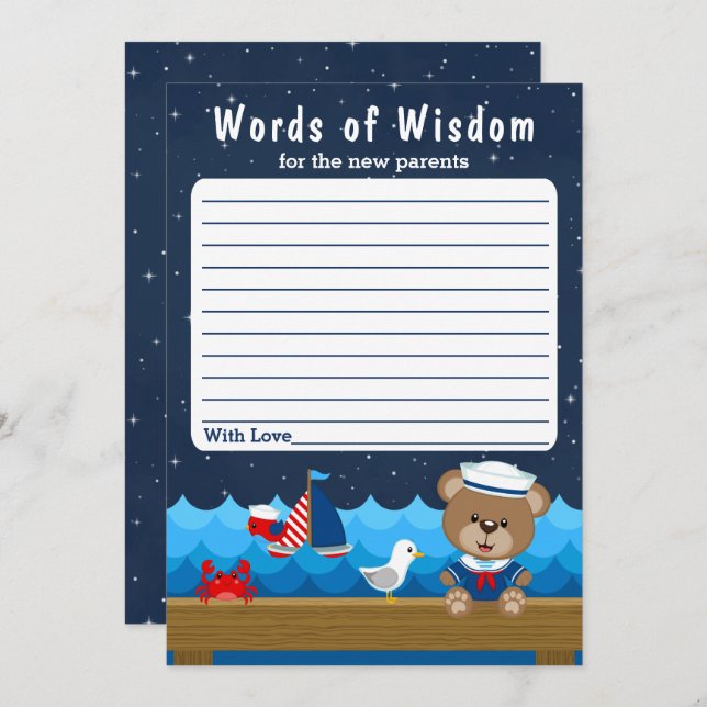 Nautical Boy Bear Red and Navy Words of Wisdom Invitation (Front/Back)