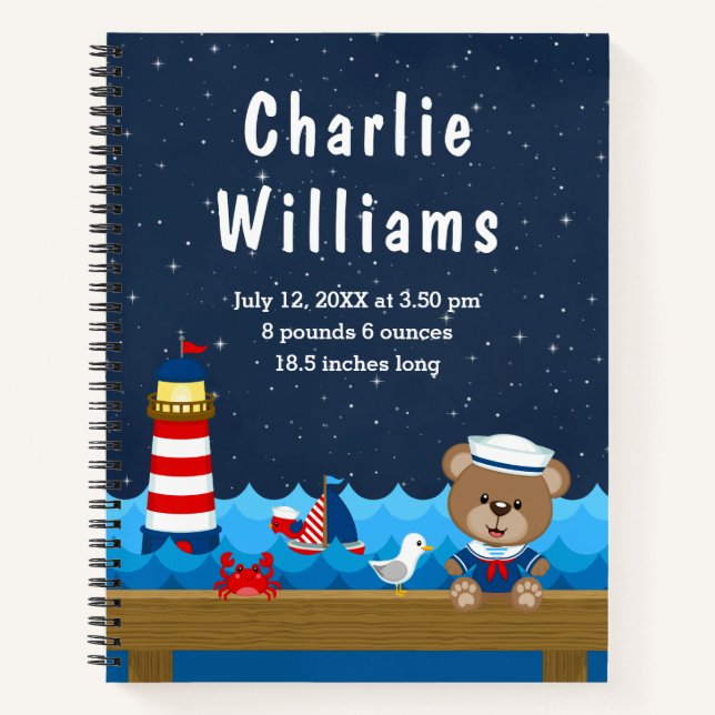 Nautical Boy Bear Red Navy Birth Statistics Notebook (Front)