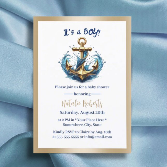 Nautical Boy Modern Gold Anchor Baby Shower Invitation (Creator Uploaded)