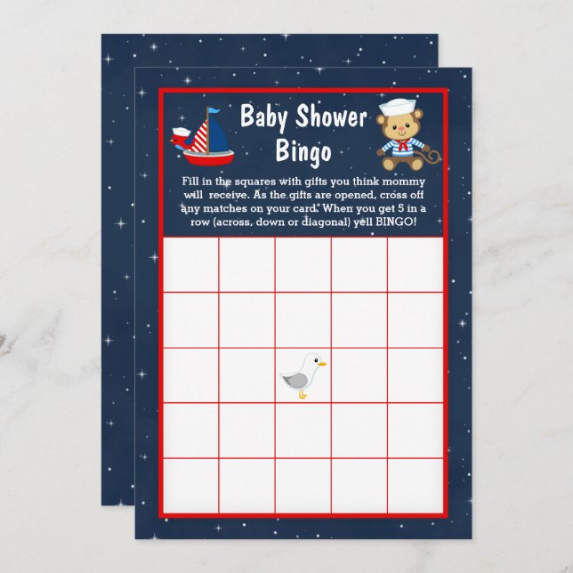 Nautical Boy Monkey Red and Navy Baby Bingo Invitation (Front/Back)