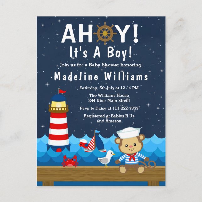 Nautical Boy Monkey Red and Navy Baby Shower Postcard (Front)