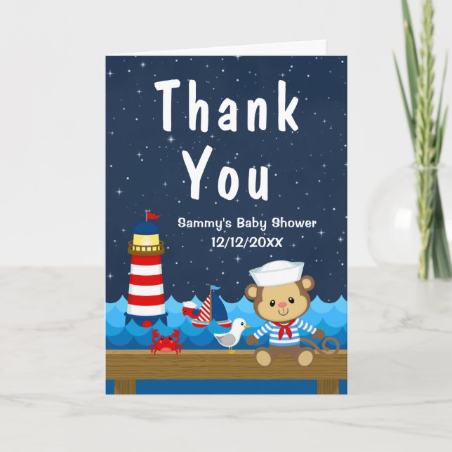 Nautical Boy Monkey Red and Navy Baby Shower Thank You Card (Front)