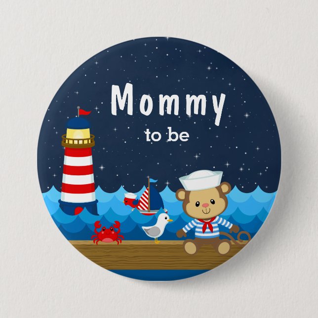 Nautical Boy Monkey Red and Navy Mommy To Be 7.5 Cm Round Badge (Front)