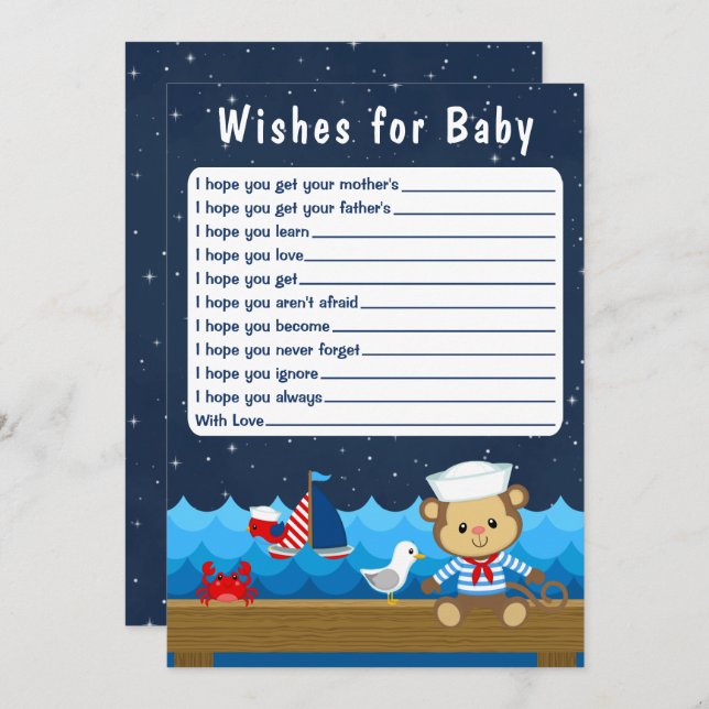 Nautical Boy Monkey Red and Navy Wishes For Baby Invitation (Front/Back)