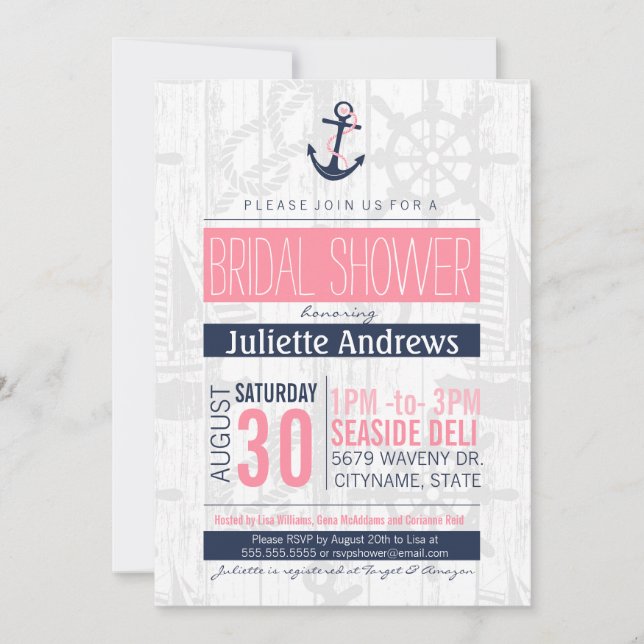 Nautical Bridal Invitation, Pink and Navy Blue Invitation (Front)
