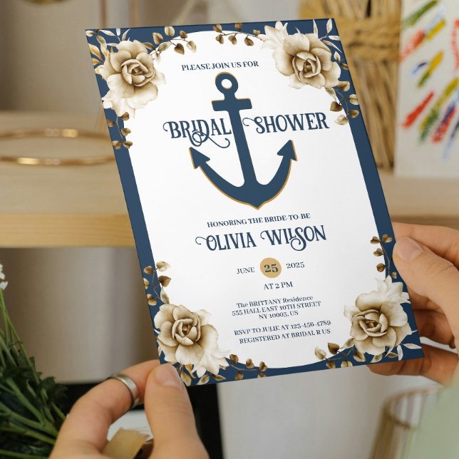 Nautical Bridal Shower Anchor Blue Gold Floral  Invitation (nautical bridal shower anchor navy blue Gold seaside bridal showers, yacht parties,  bride to be)