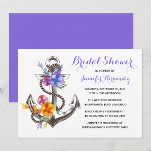 Nautical Bridal Shower Anchor Purple Flower Floral Invitation