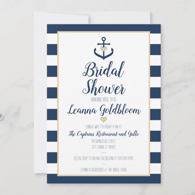 Nautical Bridal Shower Invitation - Anchor - Navy (Front)