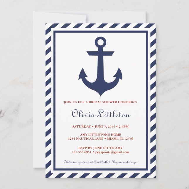 Nautical Bridal Shower Invitations - Navy Anchor (Front)