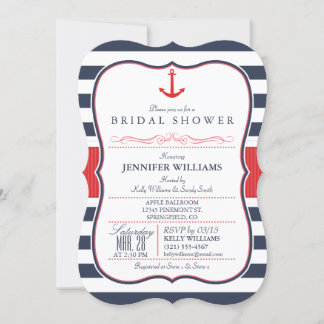 Nautical Bridal Shower; Red, White, & Navy Blue Invitation
