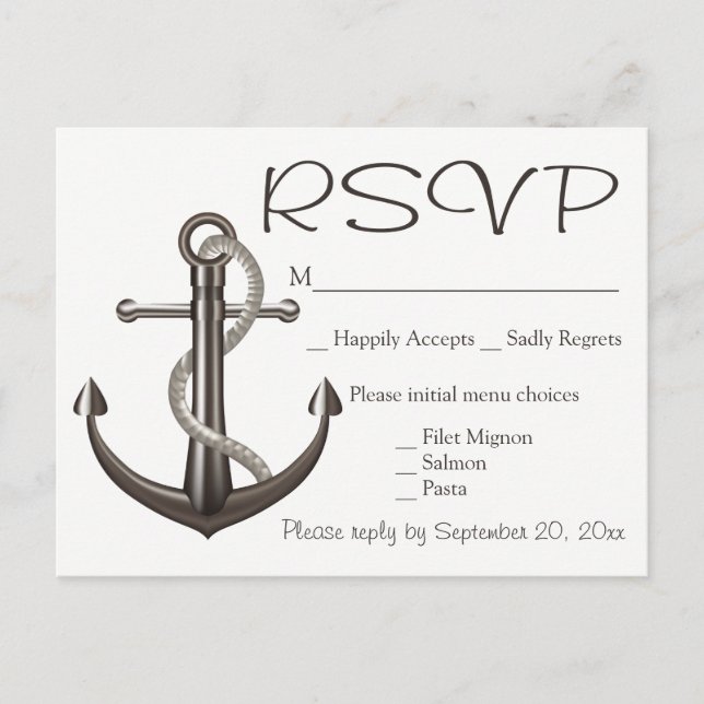 Nautical Brown RSVP Ship Anchor Wedding Beach Invitation Postcard (Front)