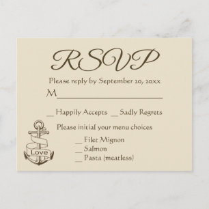 Nautical Brown RSVP Tan Ship Anchor Wedding Invitation Postcard