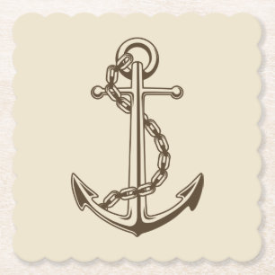 Nautical Brown Ship Anchor Tan Wedding Party Paper Coaster
