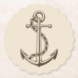 Nautical Brown Ship Anchor Tan Wedding Party Paper Coaster