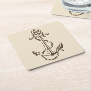 Nautical Brown Ship Anchor Tan Wedding Party Square Paper Coaster