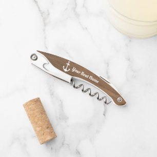 Nautical Brown Wood Grain Personalised Boat Name Corkscrew