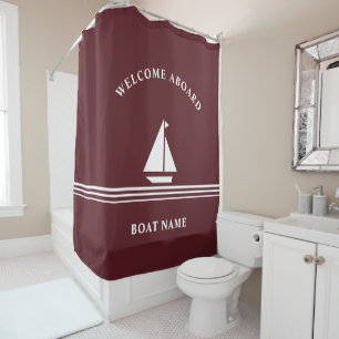 Nautical Burgundy Boat Name Text Illustration Shower Curtain