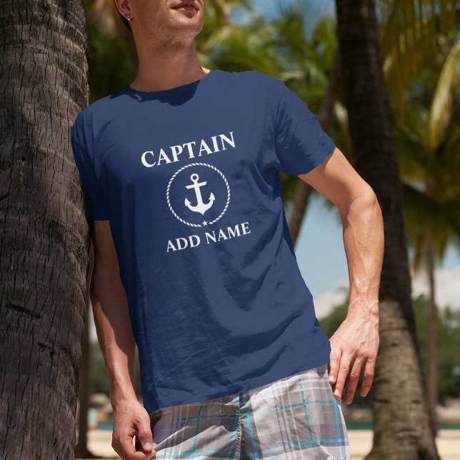 Nautical Captain Add Name Anchor Rope Blue T-Shirt (Customize to change text size. Choose from a variety of shirt colors and styles.)