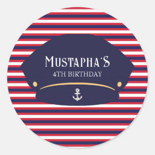 Nautical Captain Birthday Red & Navy Stripes Classic Round Sticker