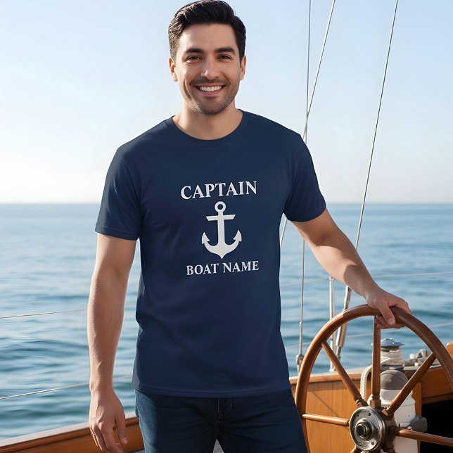 Nautical Captain Boat Name Anchor Blue T-Shirt (Customize to change text size. Choose from a variety of shirt colors and styles.)