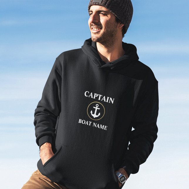 Nautical Captain Boat Name Anchor Gold Blk Hoodie (Customize to change text size. Choose from a variety of shirt colors and styles.)