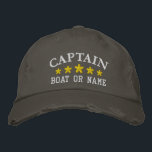 Nautical Captain Boat Name Gold Stars Distressed<br><div class="desc">Sail in style with a personalised embroidered hat featuring your Captain rank or other desired title along with your Name or Boat Name in silver and five gold stars. Several cap and thread colours to choose from. Makes a great custom gift for Fathers day,  birthdays or any occasion.</div>