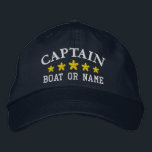 Nautical Captain Boat Name Gold Stars Navy Blue<br><div class="desc">Sail in style with a personalised embroidered hat featuring your Captain rank or other desired title along with your Name or Boat Name and five gold stars. Several cap and thread colours to choose from. Makes a great custom gift for Fathers day,  birthdays or any occasion.</div>