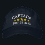 Nautical Captain Boat Name Gold Stars Navy Blue Embroidered Hat<br><div class="desc">Sail in style with a personalised embroidered hat featuring your Captain rank or other desired title along with your Name or Boat Name and five gold stars. Several cap and thread colours to choose from. Makes a great custom gift for Fathers day,  birthdays or any occasion.</div>