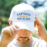 Nautical Captain Boat Name Navy Blue Gold Stars<br><div class="desc">Sail in style with a personalised embroidered white hat featuring your Captain rank or other desired title along with your Name or Boat Name in navy blue and five gold stars. Several cap and thread colours to choose from. Makes a great custom gift for Fathers day, birthdays or any occasion....</div>