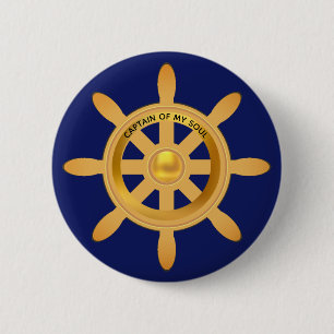 Nautical captain golden ship helm on navy blue 6 cm round badge
