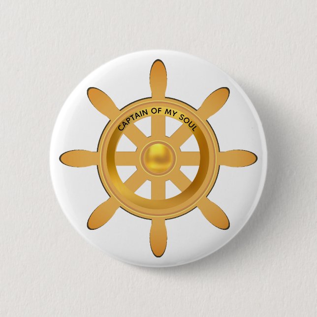 Nautical captain golden ship helm on white 6 cm round badge (Front)