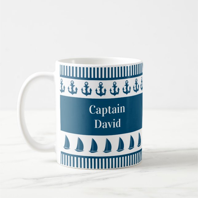 Nautical Captain Name Anchor Boat Navy Stripes Coffee Mug (Left)
