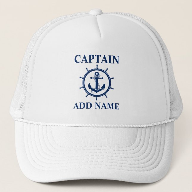 Nautical Captain Name Anchor Rope Wheel Trucker Hat (Front)