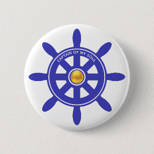 Nautical captain royal blue ship helm on white 6 cm round badge