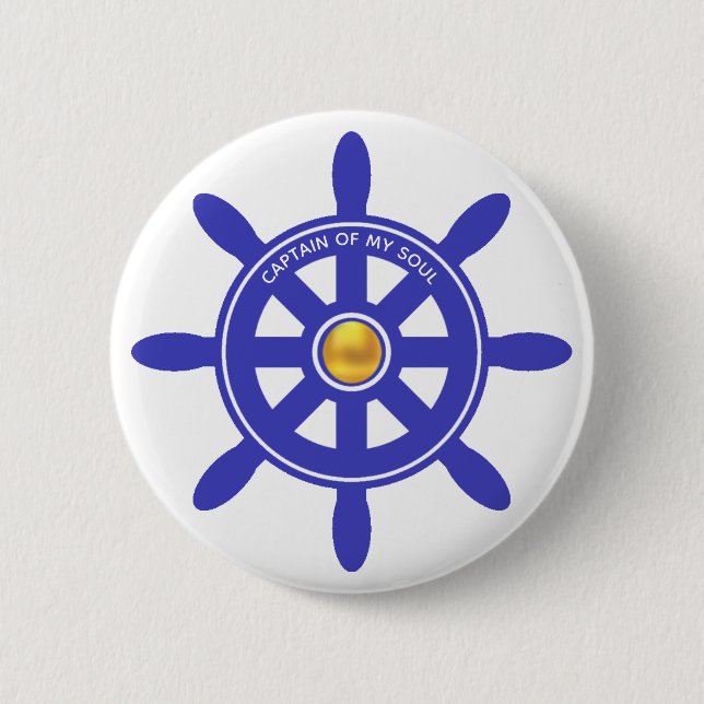 Nautical captain royal blue ship helm on white 6 cm round badge (Front)