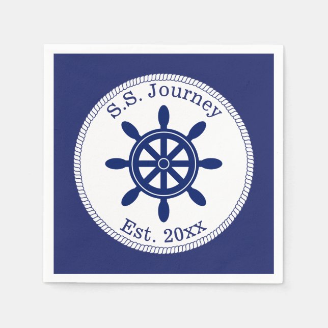 Nautical Captain's Wheel Add Boat Name Napkin (Front)