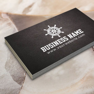 Nautical Captains Wheel Elegant Dark Leather Business Card